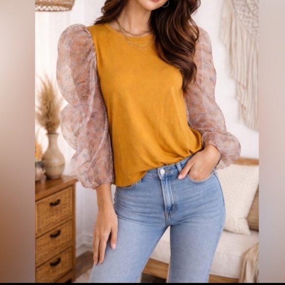 En Saison Tops - En Saison Puff Sleeve Blouse Size M Mustard Yellow Organza Ruffle Sleeve BohoTop